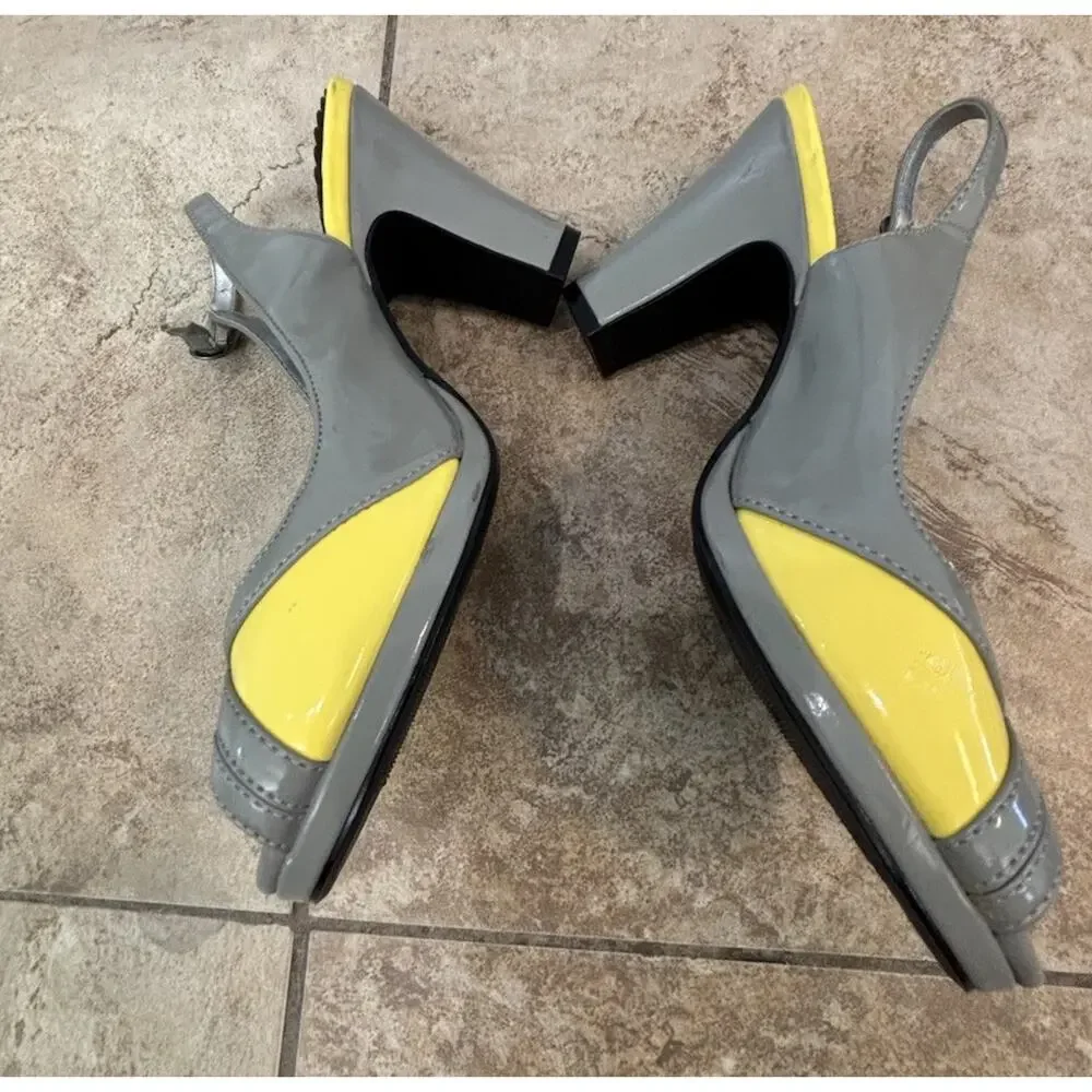 Madden Girl Slingback Heels Women’s Size 7 Yellow/Grey Kitten Heel